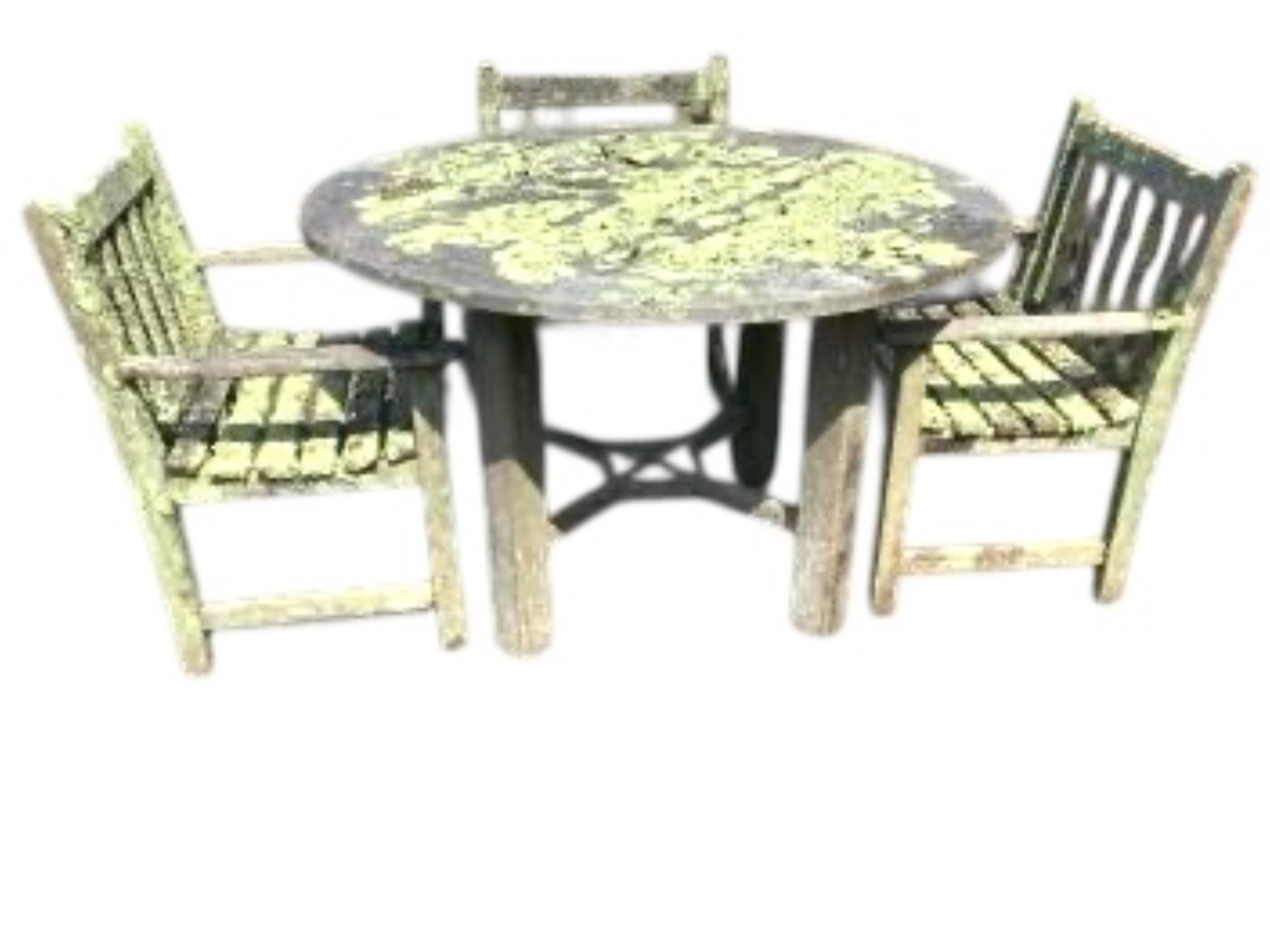 A weathered and lichen covered circular teak garden table, diameter 120cm, height 75cm and four armchairs